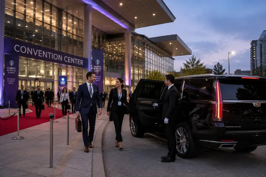 Corporate event transportation at convention center with executive shuttle service