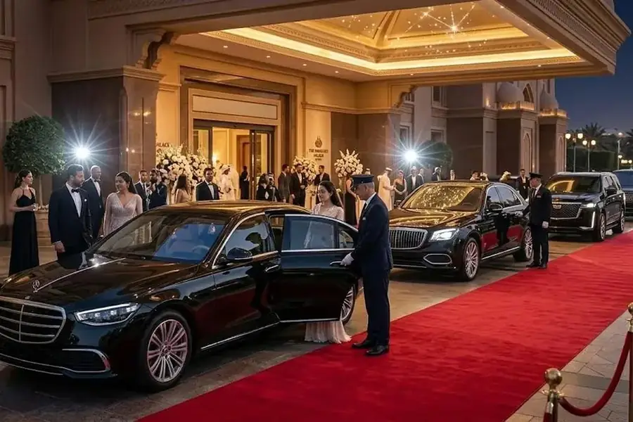 Luxury wedding transportation with bride and groom and premium vehicle
